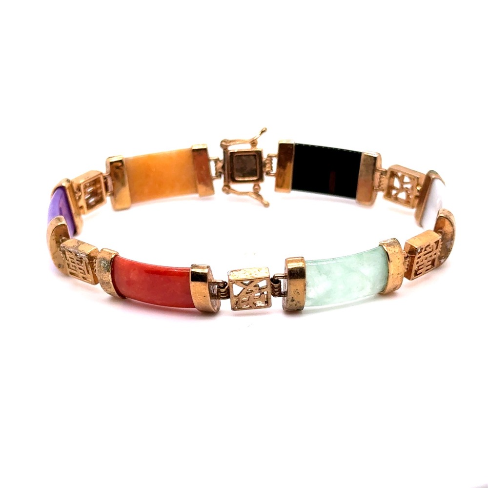 Vintage Multi Color Jadeite Jade Chinese Longevity Link Bracelet Gold Tone 7.25"